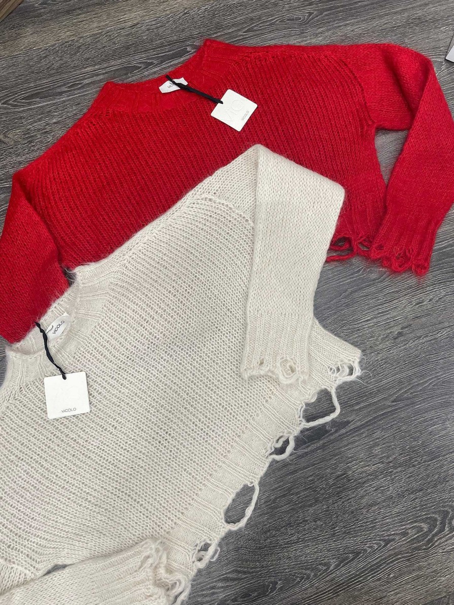 Donna Vanity Sirone | Maglione Crop Vicolo Girocollo Con Strappi Rosso