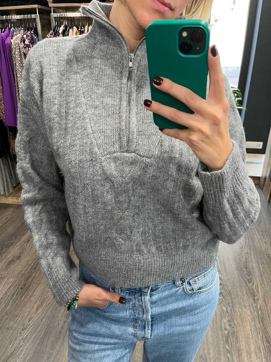 Donna Vanity Sirone | Pull Grigio Crop Con Colletto E Zip